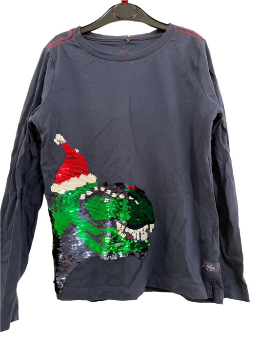 Preloved Joules - Top - Navy Christmas Dinosaur Sequin Flip Long-sleeved Shirt (8-9y)