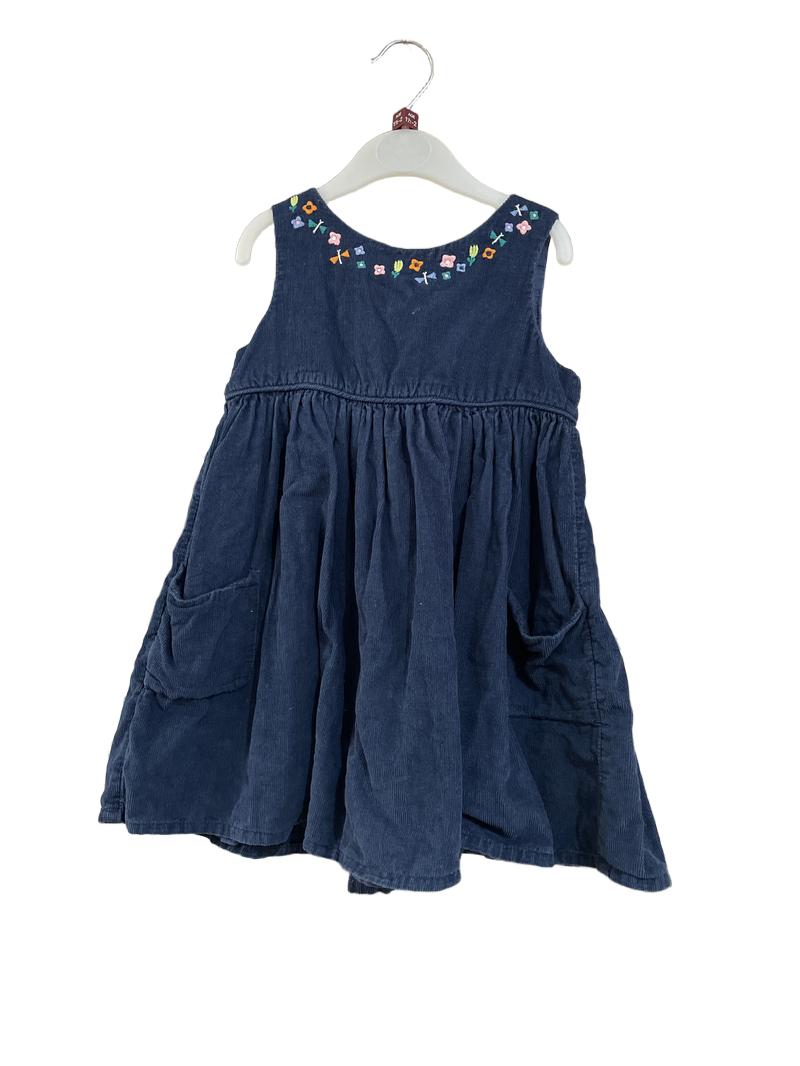 Preloved John Lewis - Dress - Navy Corduroy Sleeveless Dress Pinafore With Flower And Butterfly Embroidery And Pockets (18-24m)