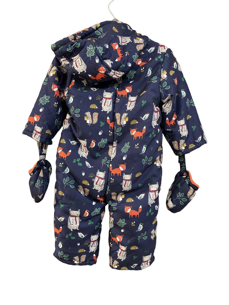 Preloved John Lewis - Jacket - Navy Pram Suit Onesie Snowsuit With Cute Animal Pattern, Red Fleece Lining And Mittens (12-18m)