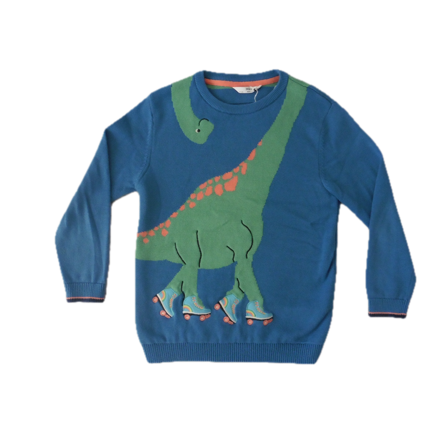 Preloved M&S knitted blue jumper with dino 6-7y