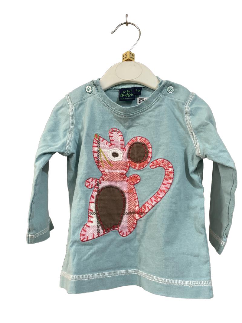 Preloved Mini Boden - Top - Blue Long-sleeved Shirt With Pink Red And Brown Mouse Applique And Button Shoulders (6-12m)