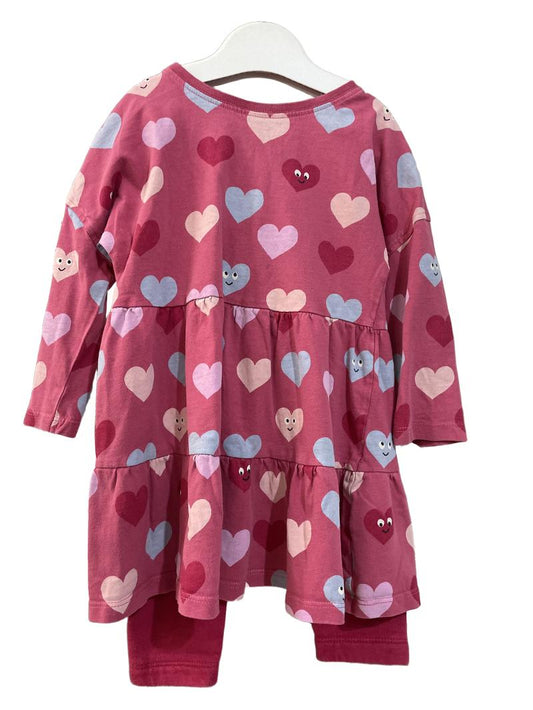 Preloved John Lewis - Dress - Pink With Multicolor Hearts Tiered Jersey Long-sleeved Dress With Matching Leggings (12-18m)