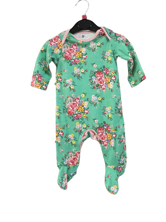 Preloved Mini Club - Onesie - Green Floral Print Long-sleeved Footed Onesie Sleepsuit Romper Bodysuit (0-3m)