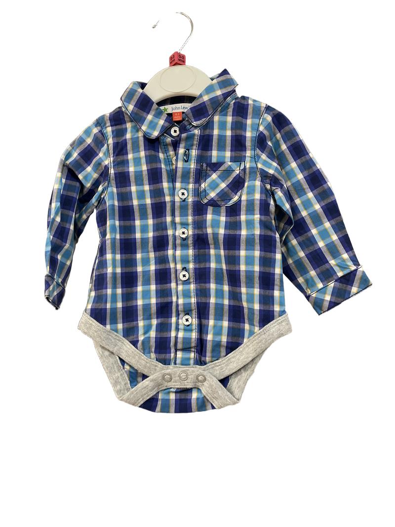 Preloved John Lewis - Top - Blue White Yellow Plaid Check Long-sleeved Bodysuit, Button Down With Collar (0-3m)