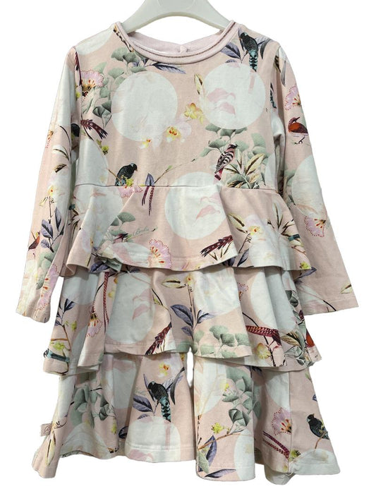 Preloved Ted Baker - Dress - Pink Floral Bird Print Tiered Long-sleeved Jersey Dress (12-18m)