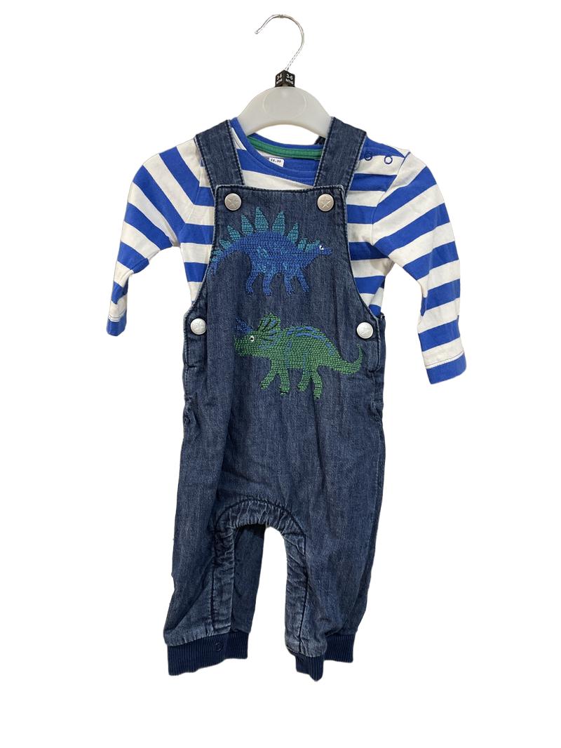 Preloved Bluezoo - Dungarees - Denim Dungarees With Embroidered Dinosaurs And Matching Blue And White Stripe Bodysuit (3-6m)