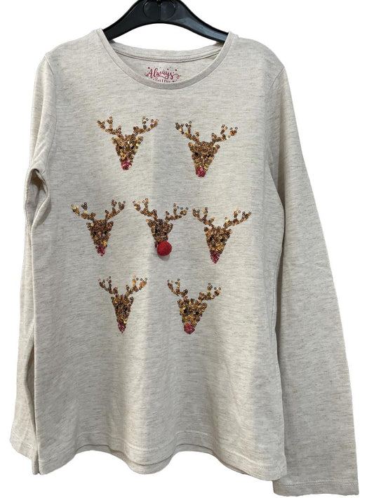 Preloved F&F - Top - Heather With Gold Fleck, Long Sleeve, Sequined Christmas Reindeers With 1 Red Nose Pom Pom  (9-10y)