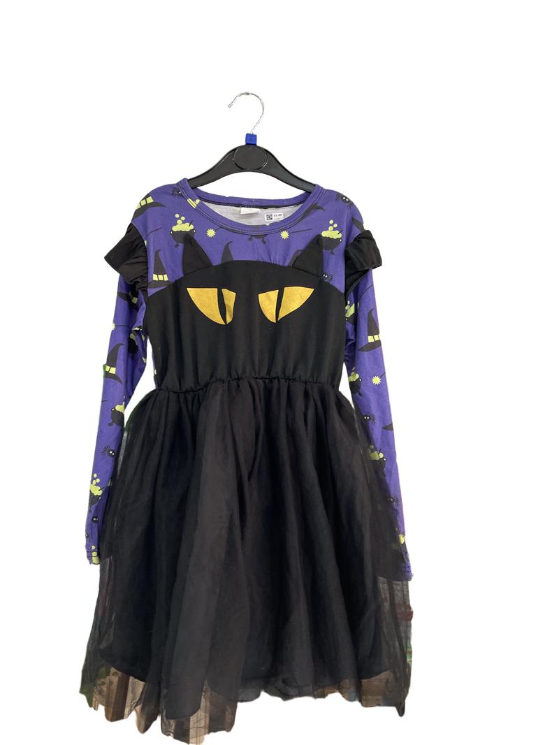 Preloved Unknown Brand - Purple Black Cat Halloween Dress (6-7y)