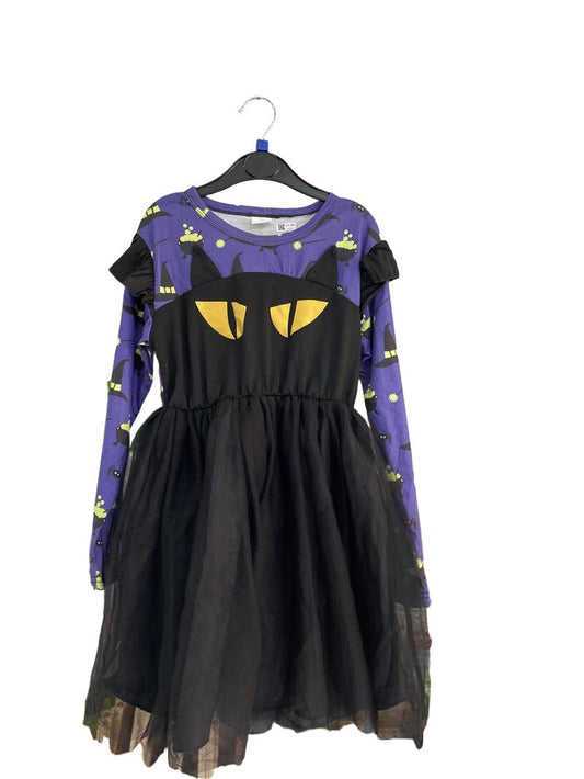 Preloved Unknown Brand - Purple Black Cat Halloween Dress (6-7y)