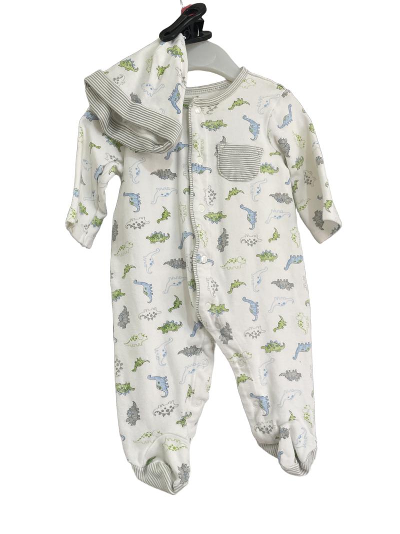 Preloved Little Me - White Dinosaur Print Sleepsuit With Matching Hat. (3m)