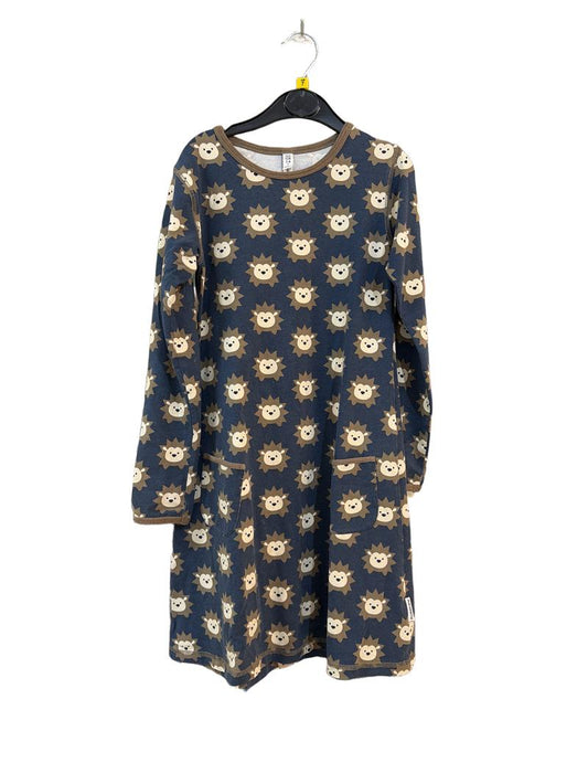 Preloved Maxomorra - Navy Brown Hedgehog Print Long-sleeved Skater Dress (7-8y)