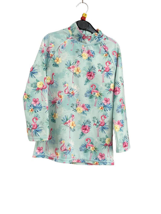 Preloved Monsoon - Blue With Multicolour Tropical Flamingo Print Long-sleeved Rashguard Top (7-8y, 8-9y) - Swimwear