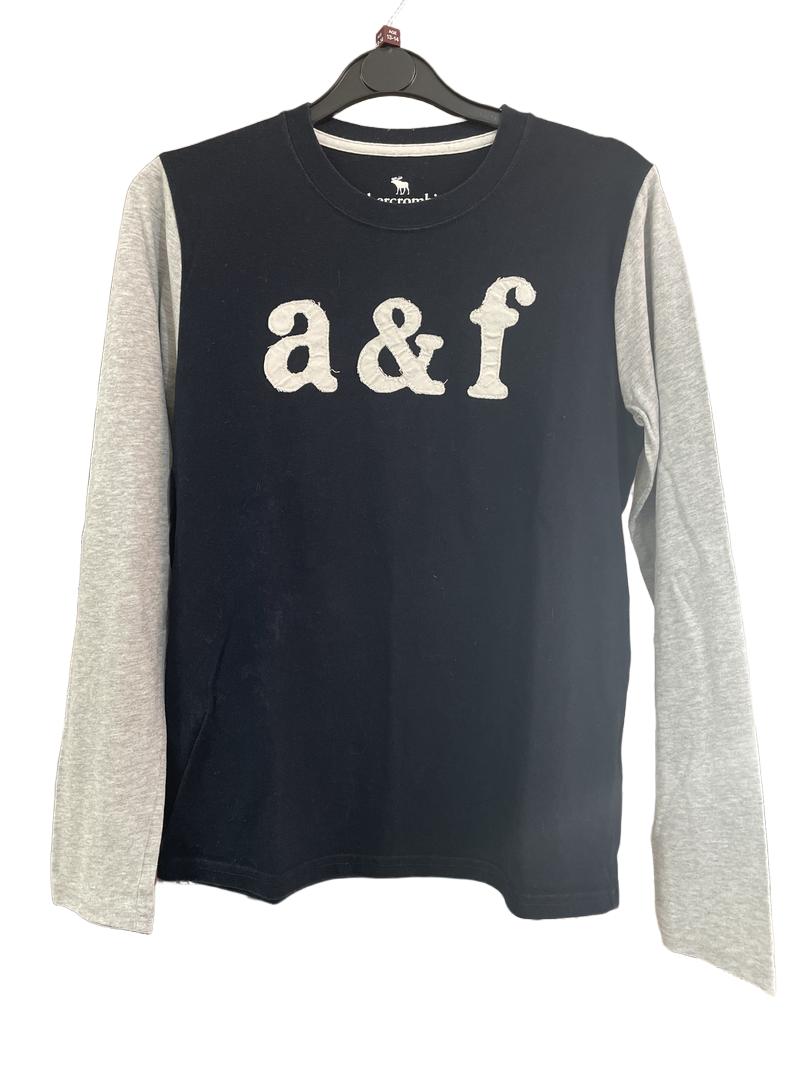 Preloved Abercrombie Kids - Navy With Grey Long Sleeve Top. A & F Embroidery. (13-14y)