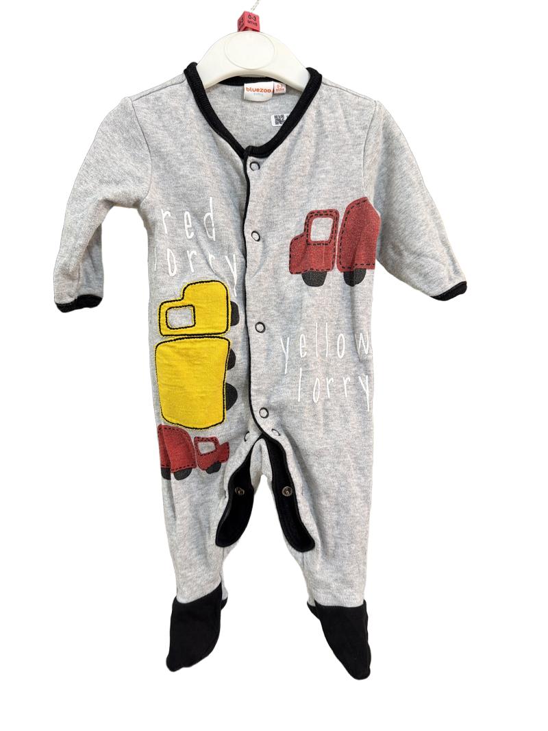 Preloved Bluezoo - Gray Lorry Appliqué Sleepsuit (0-3m)