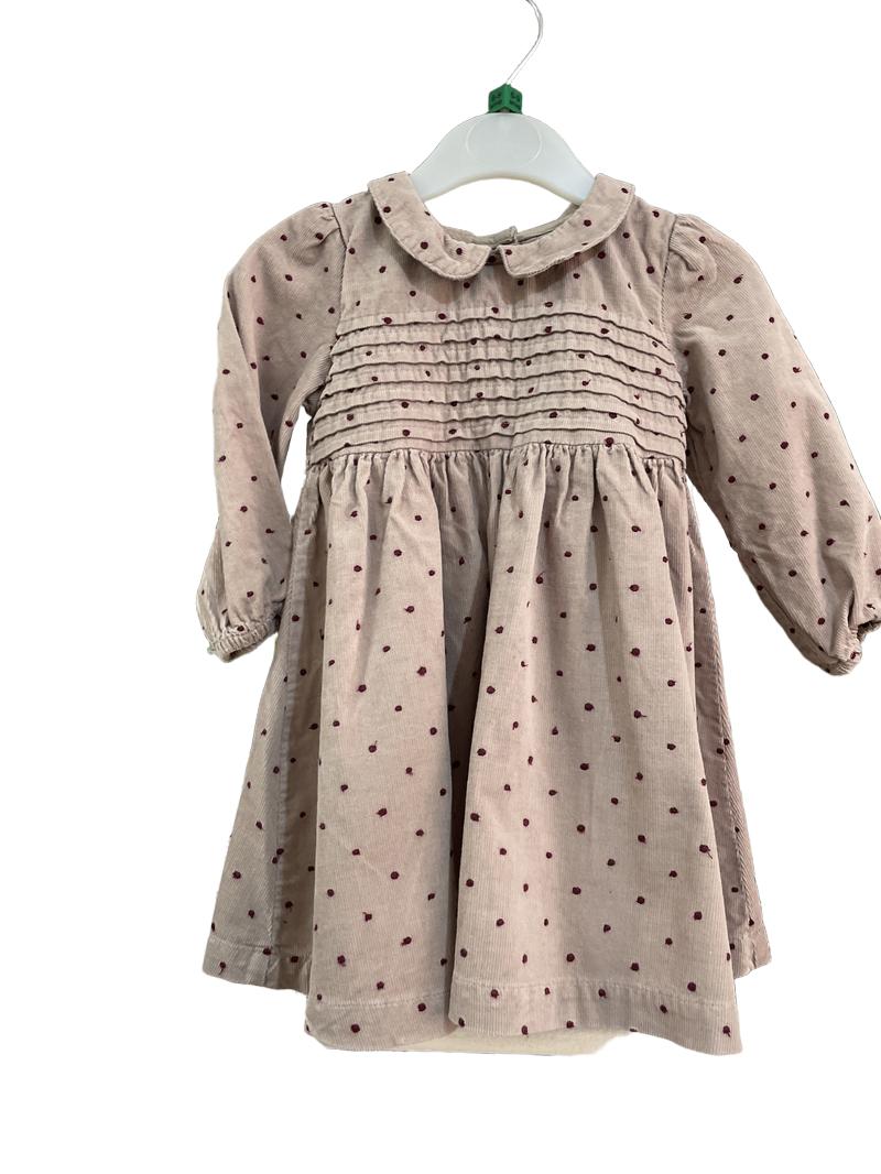 Preloved Marks & Spencer - Dusty Rose Pink Long-sleeved Corduroy Polka Dot Dress (6-9m)
