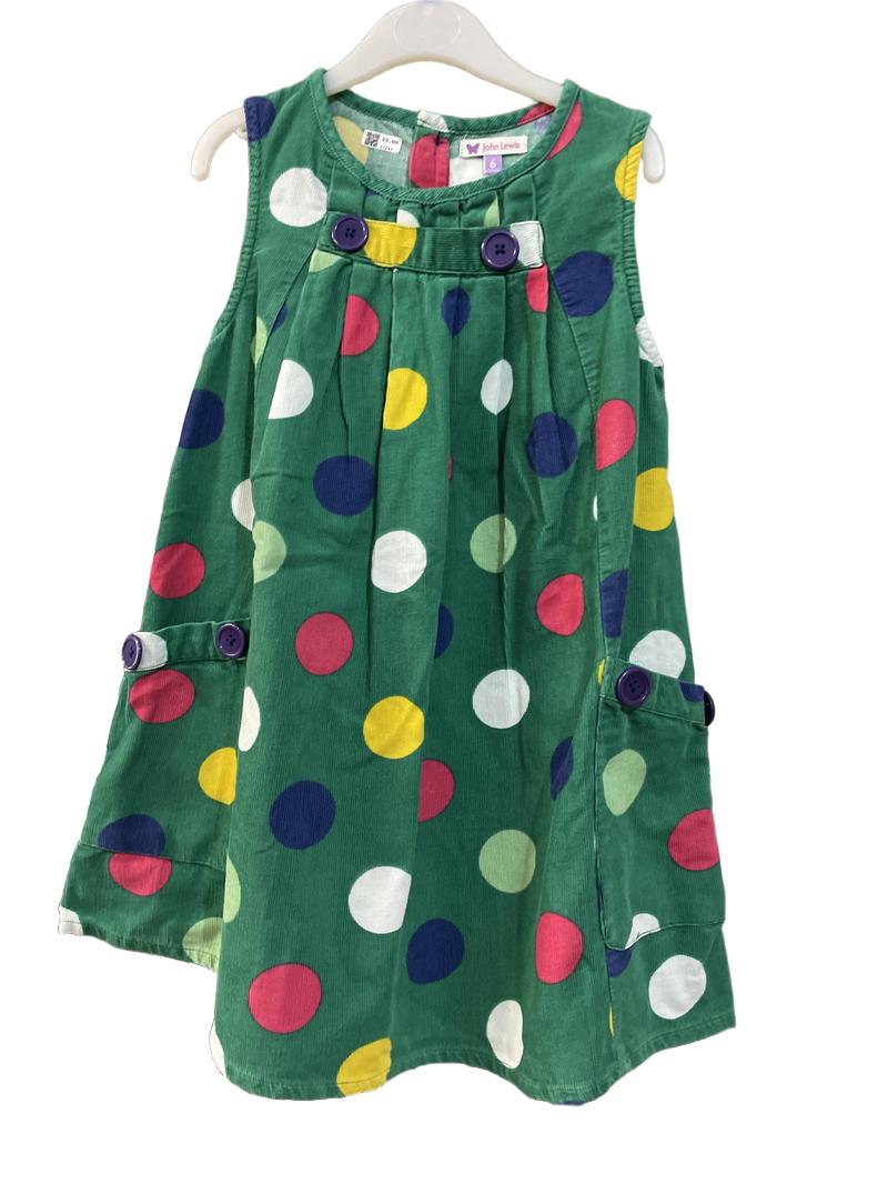 Preloved John Lewis - Dress - Green With Multicolour Polka Dots Corduroy Pinafore (6-7y)