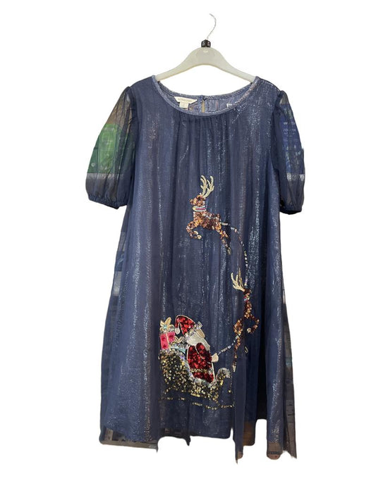 Preloved Monsoon - Navy Tulle Sequin Reindeer Santa Short-sleeved Party Dress (11-12y)