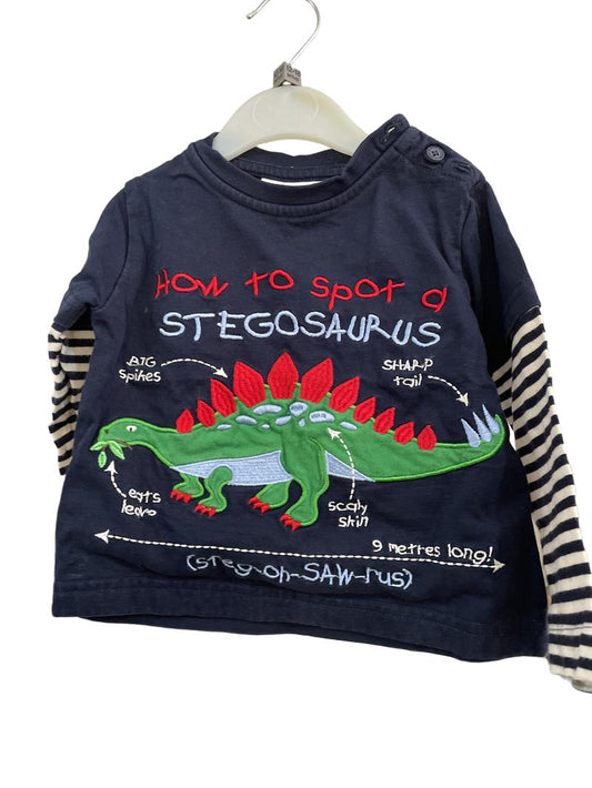 Preloved Jojo Maman Bebe - Top - Navy Stegosaurus Embroidery Shirt Mock Sleeve (12-18m)