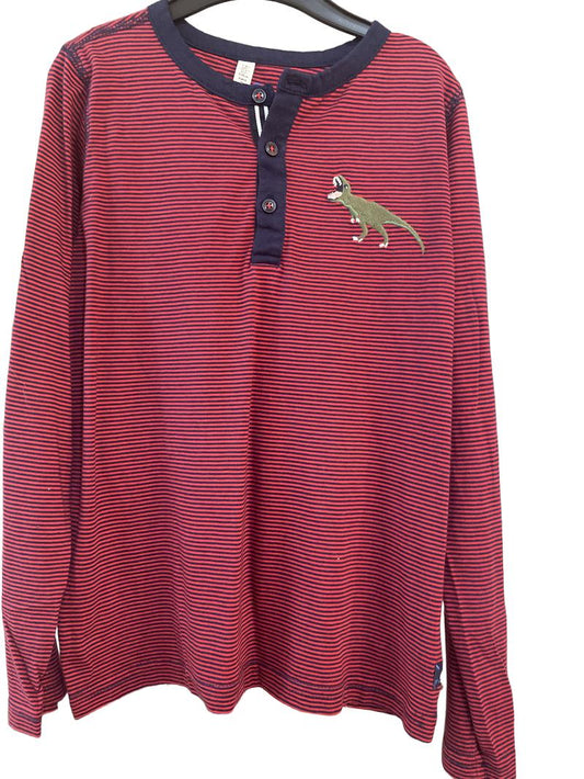 Preloved Joules - Red Navy Stripe Dinosaur Applique Long-sleeved T Shirt (7-8y)