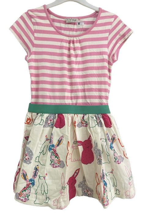 Preloved Next - Pink White Stripe Short-sleeved Dress With Rabbit Print Skirt (8-9y) - Dress