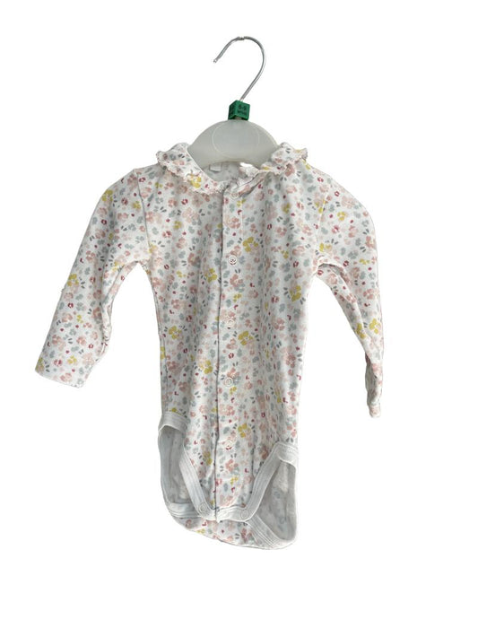 Preloved Petit Bateau - White Floral Print Long-sleeved Ruffle Collar Onesie (6-12m, 6-9m)