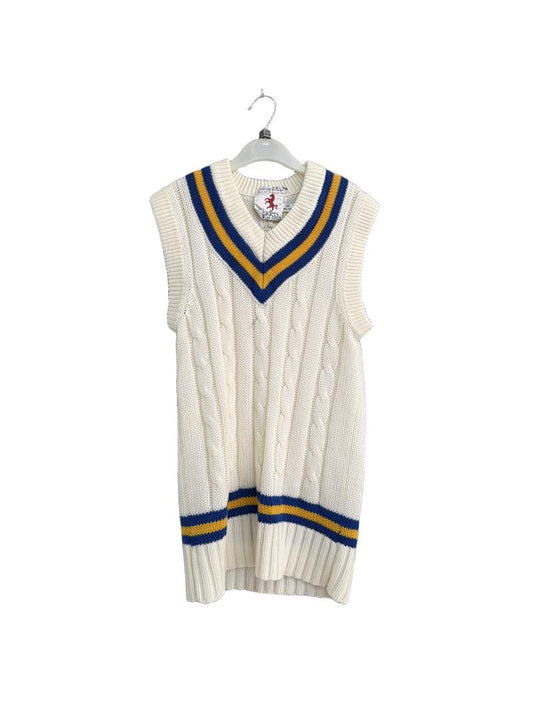 Preloved Readers - Cream Blue Yellow Cricket Slipover / Sleeveless Sweater Junior, LB 30/32 (9-10y, 10-11y)