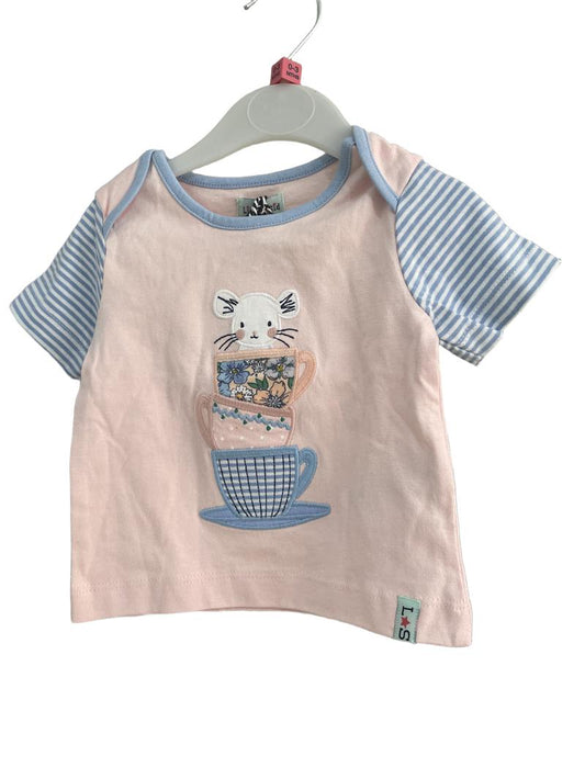 Preloved Lilly + Sid - Pink Mouse Teacup Applique Short-sleeved T Shirt (0-3m)