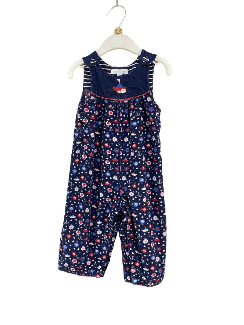 Preloved Jojo Maman Bebe - Navy Floral Nautical Print Corduroy Dungarees (6-12m)