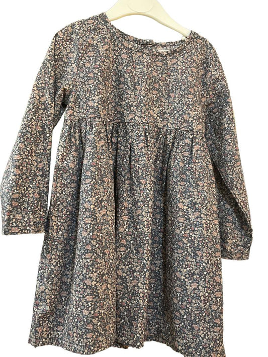 Preloved Wheat - Navy Beige Floral Ditsy Long-sleeved Dress (2-3y)