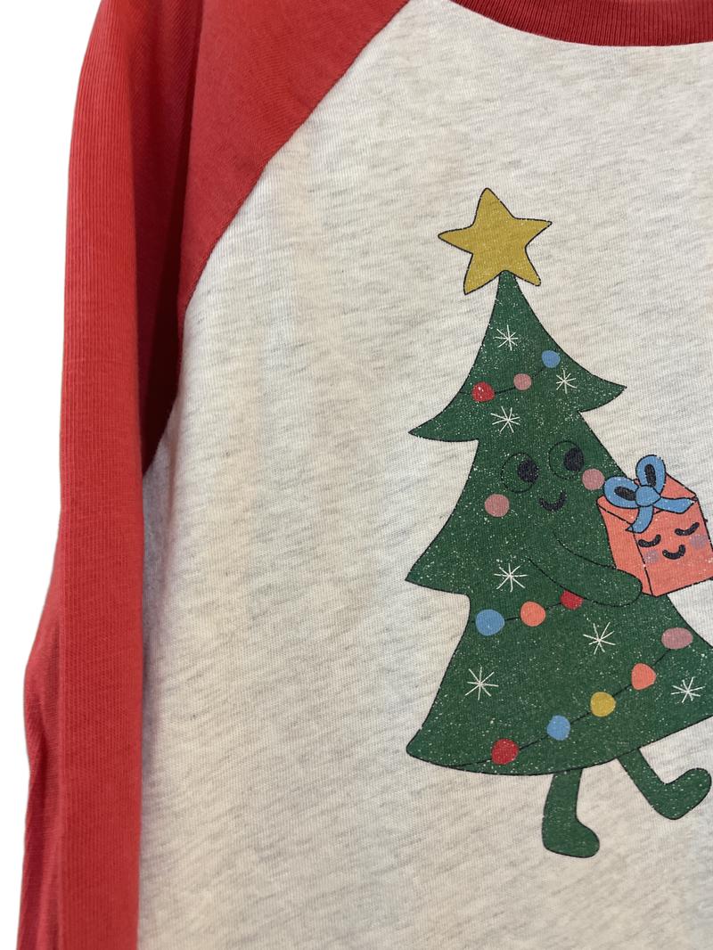 Preloved Mini Boden - Red Gray Christmas Tree Graphic Raglan Long-sleeved T Shirt (8-9y)