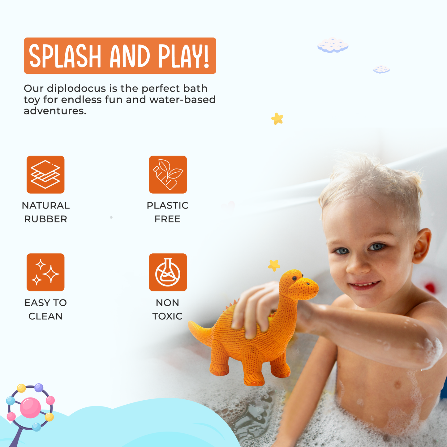 Dinosaur Toy, Bath Toy and Teether Rubber Orange Diplodocus