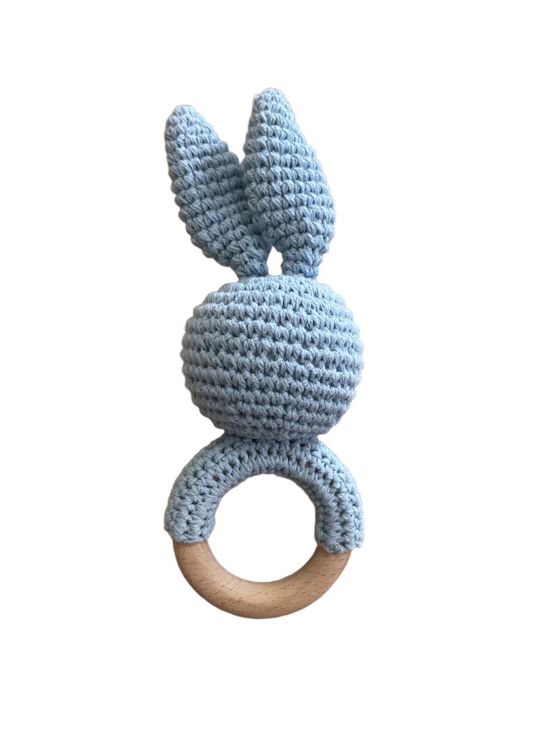 Preloved Toys - Blue Crochet Bunny Wooden Ring Rattle. - Unknown Brand