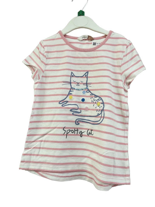 Preloved John Lewis - Top - Pink White Stripe T Shirt With Cat Sequin And Embroidery (5-6y)