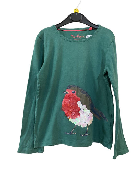 Preloved Mini Boden - Green Sequined Robin Long-sleeved T Shirt (7-8y)
