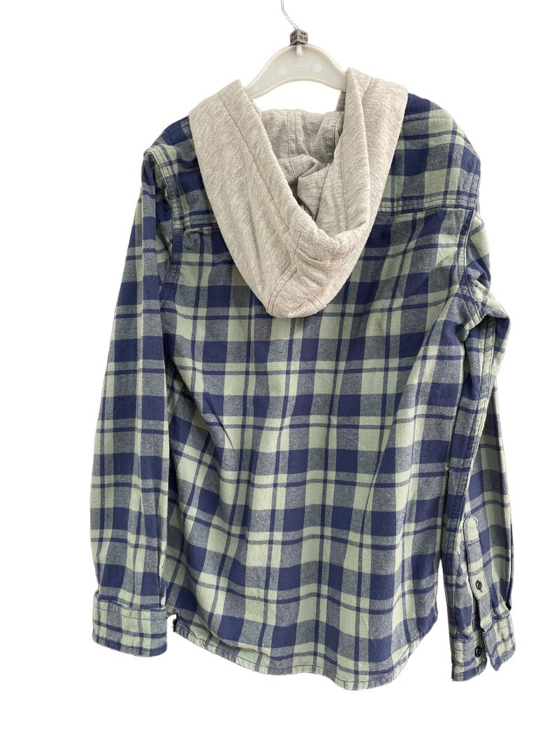 Preloved Quiksilver - Blue Green Check Flannel Hoodie Long-sleeved Button Shirt (12-13y)