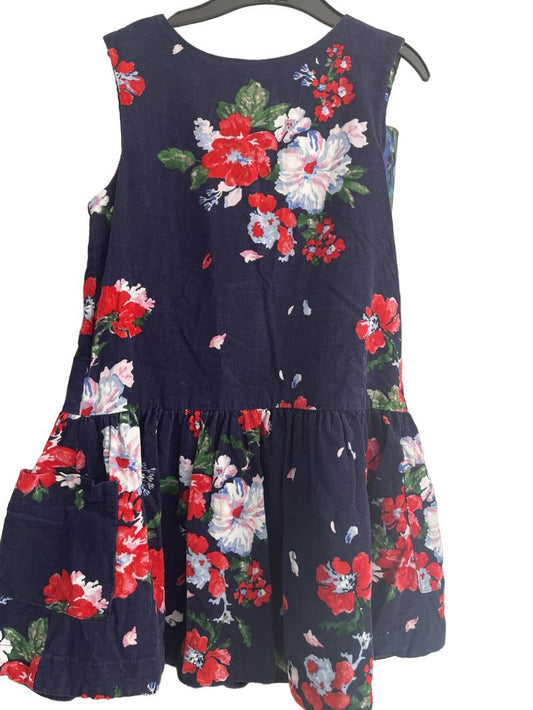 Preloved Joules - Navy Corduroy Pinafore With Red Green Floral Print (7-8y) - Dress