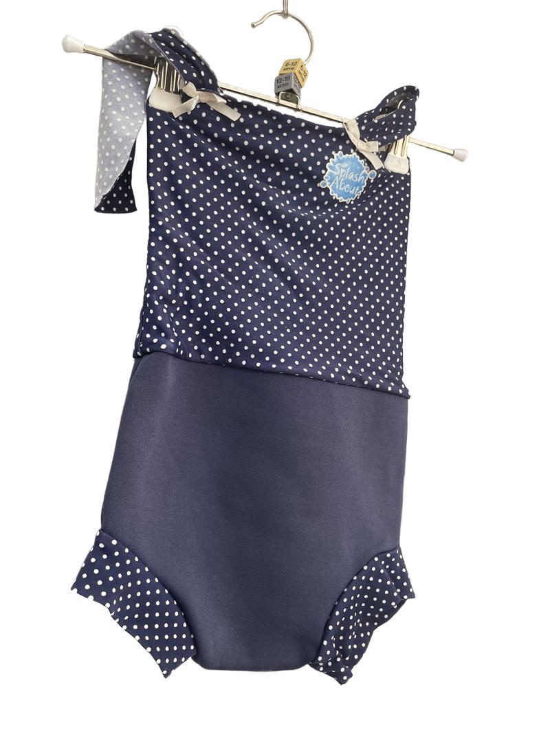 Preloved Splash About - Navy Polka Dot Happy Nappy Costume Girl Swimsuit With Integrated Swim Nappy (Large: 6 – 14 M) (6-12m, 12-18m)