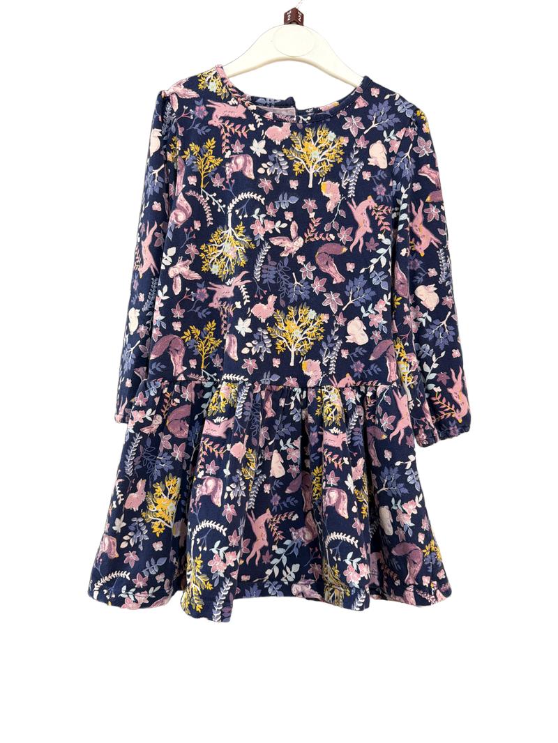Preloved Monsoon - Navy Forest Print Long-sleeved Dress (2-3y)