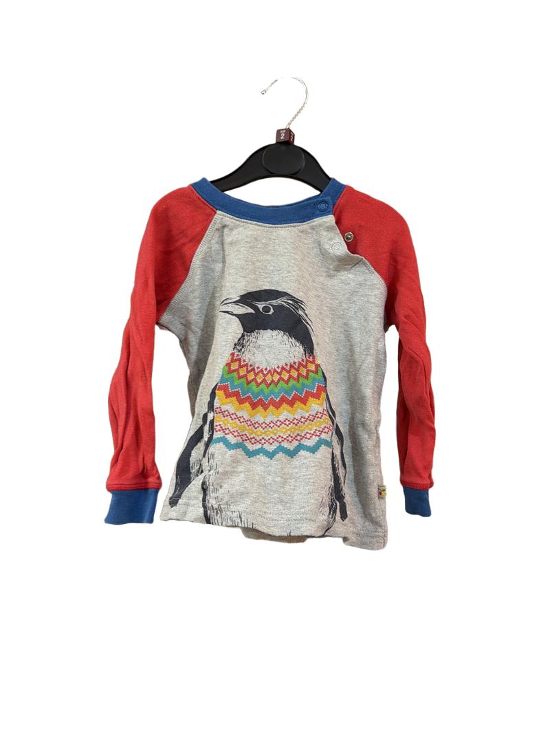 Preloved Frugi - Gray Red Raglan Penguin Long-sleeved T Shirt (2-3y)