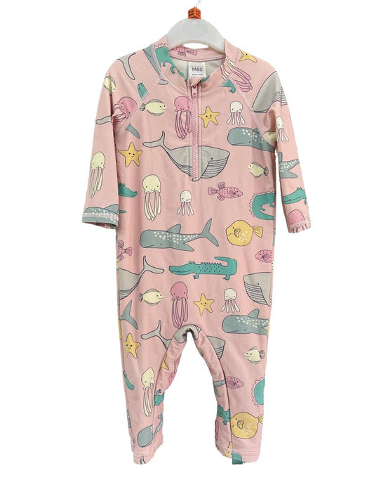 Preloved Marks & Spencer - Pink Fish Onesie Sun Protection Swim Suit (9-12m)