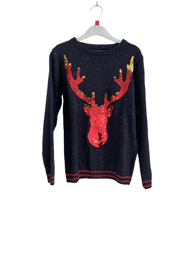 Preloved Next - Navy Red Sequin Reindeer Christmas Jumper (8-9y)