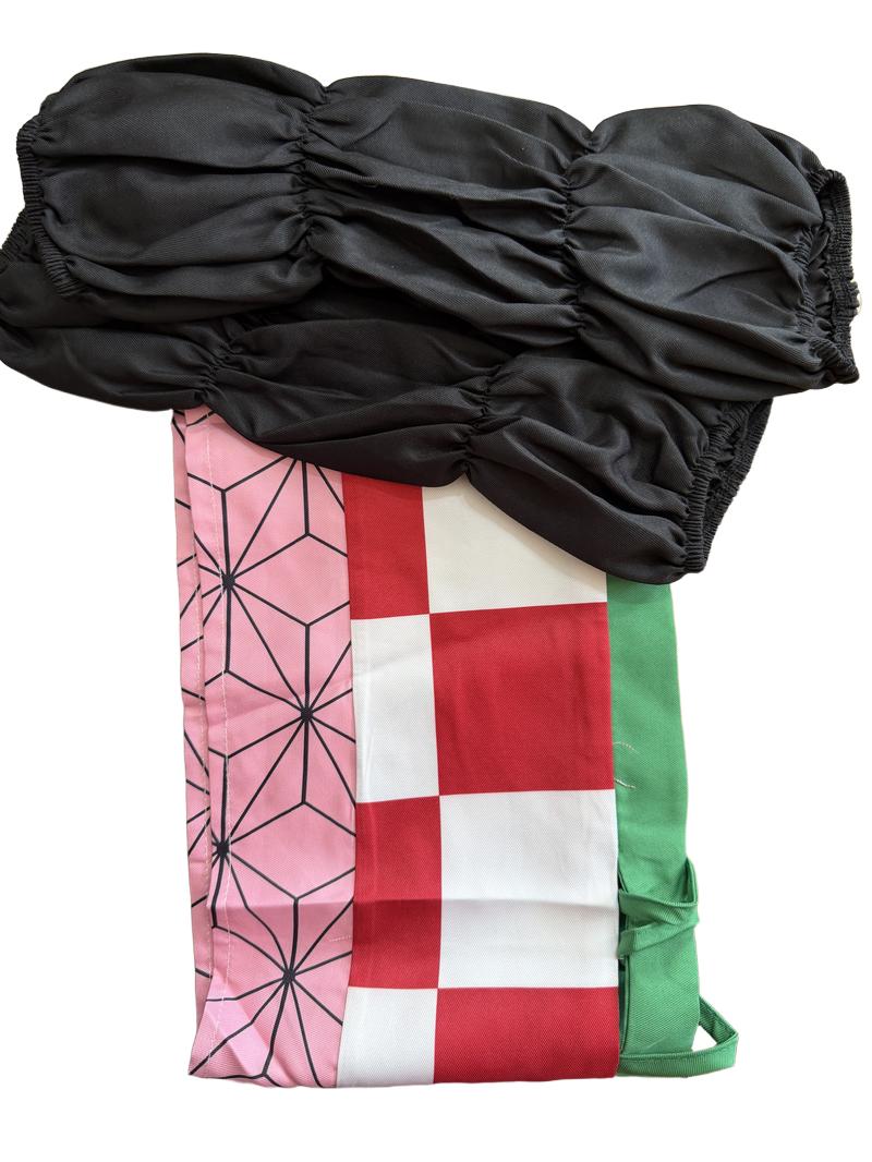 Preloved Unknown Brand - Demon Slayer Kamado Nezuko Costume (pink And Black Kimono, Belt, Tie, Shoes, Wig, And Leg Warmers), Size Small (11-12y, 12-13y, 13-14y)