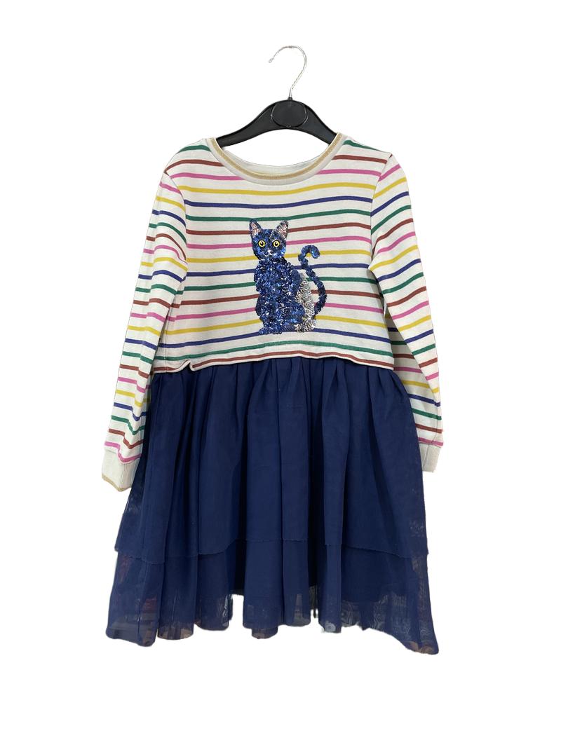 Preloved Mini Boden - Rainbow Stripe Sequin Cat Dress (5-6y)