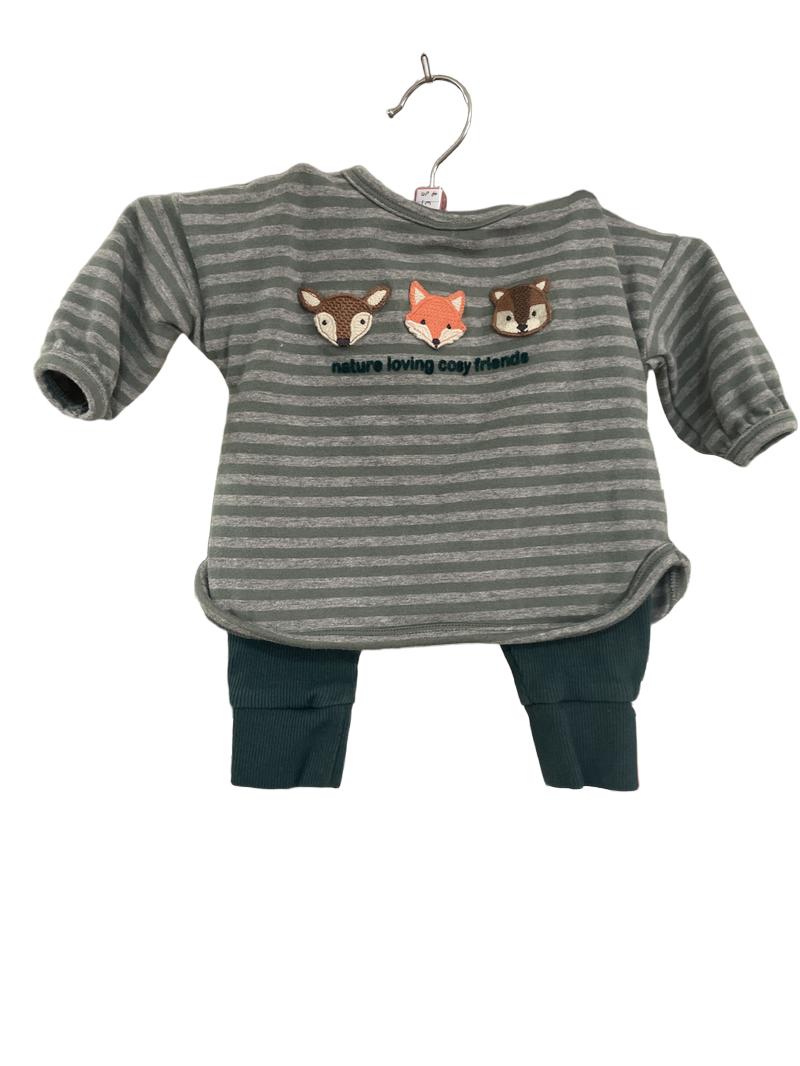 Preloved Next - Green Stripe Long Sleeve Top With Woodland Animals, Dark Green Trousers. (0-1m)