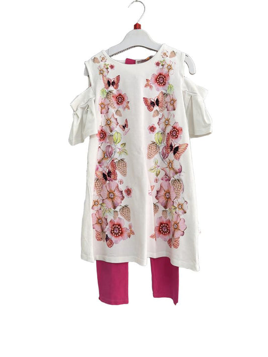 Preloved Baker By Ted Baker - White Pink Floral Butterfly Peekaboo Shoulder Top With Leggings (8-9y)
