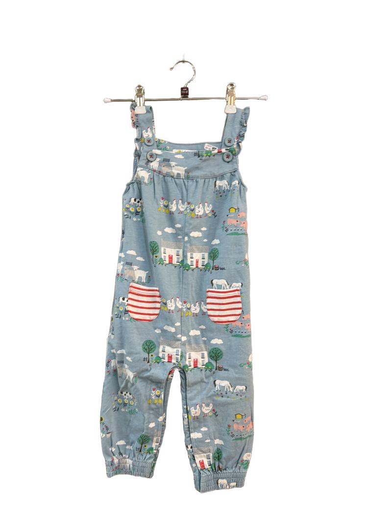 Preloved Baby Boden - Blue Farm Print Cotton Dungarees (18-24m)