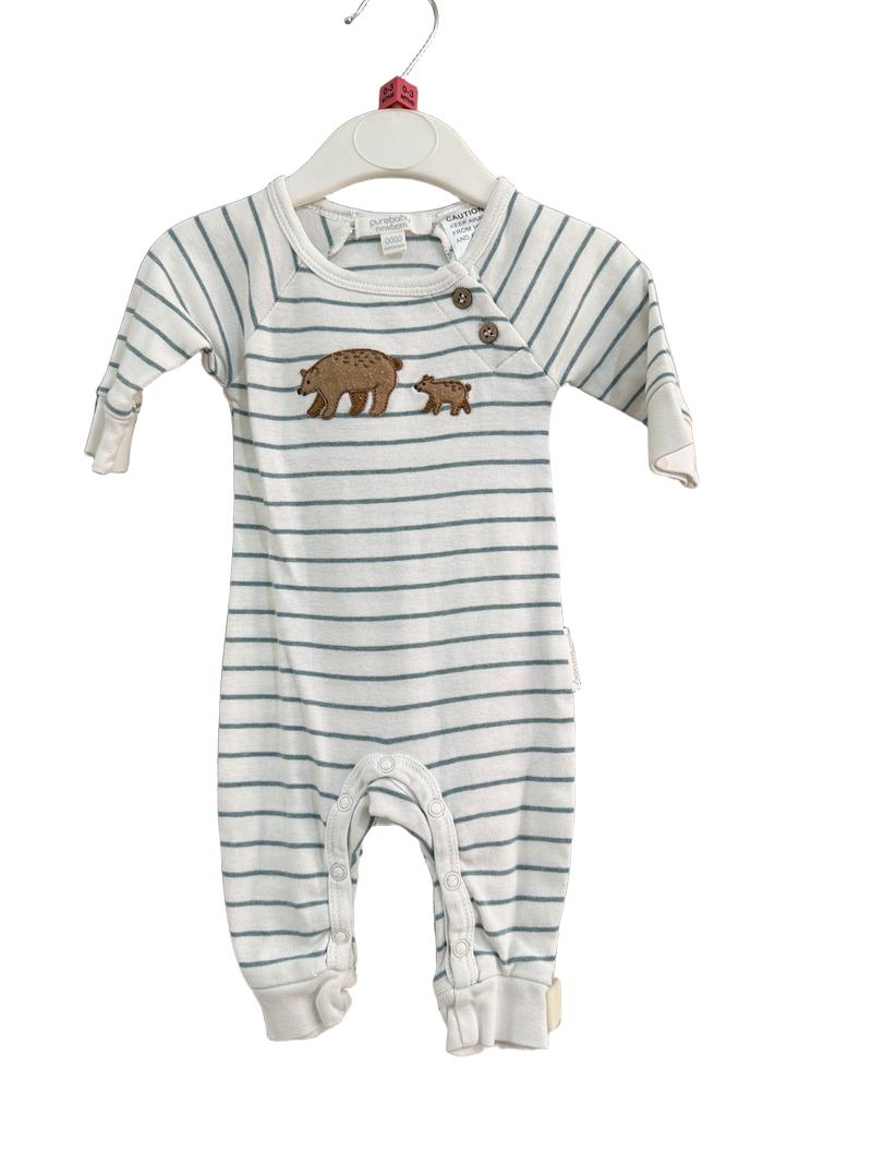 Preloved Purebaby - White Green Stripe Sleepsuit Romper With Bear Applique (Newborn, 0-3m)