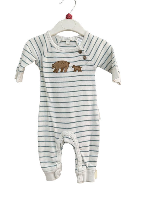 Preloved Purebaby - White Green Stripe Sleepsuit Romper With Bear Applique (Newborn, 0-3m)
