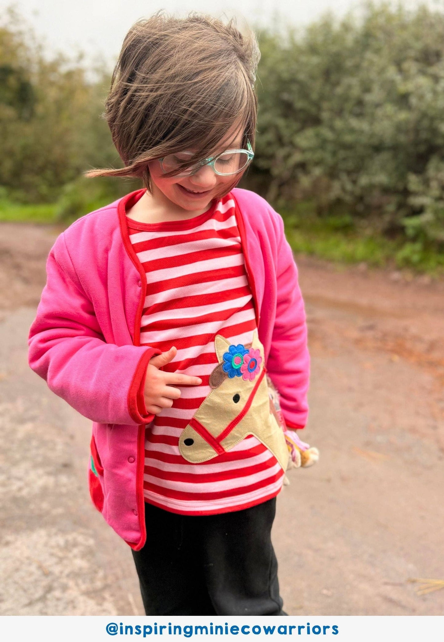 Organic Pink Horse Applique Long Sleeved T-Shirt