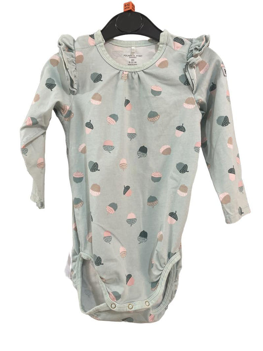 Preloved Polarn O. Pyret - Green Acorn Print Bodysuit (9-12m)